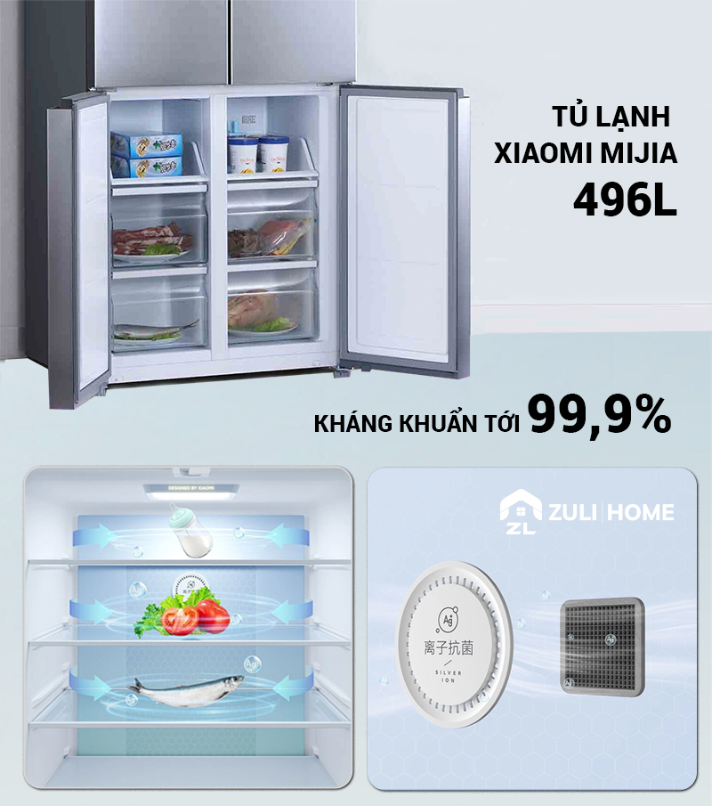 Tủ Lạnh Xiaomi Mijia 496L bốn cánh, kháng khuẩn tới 99,9% 